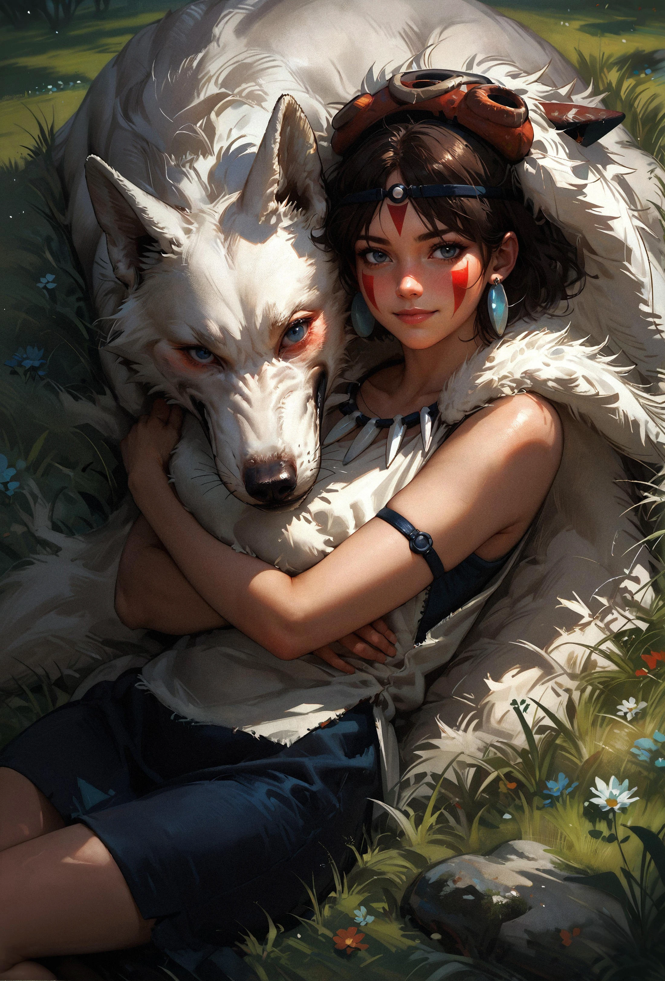 score_9, score_8_up, score_7_up, score_6_up, score_5_up, score_4_up, san, 1girl, mature woman, relaxed, resting, in tall grass, hugging a giant white wolf, dynamic angle, solo, short hair, brown hair, grey eyes, headband, face paint, earrings, white sleeveless top, navy under dress, arm cuffs, fur headdress, fur cape, light-skinned female, female focus, looking at viewer, smiling, (tall grass:1.2), (blush:1.1), (sunny:1.2), daytime