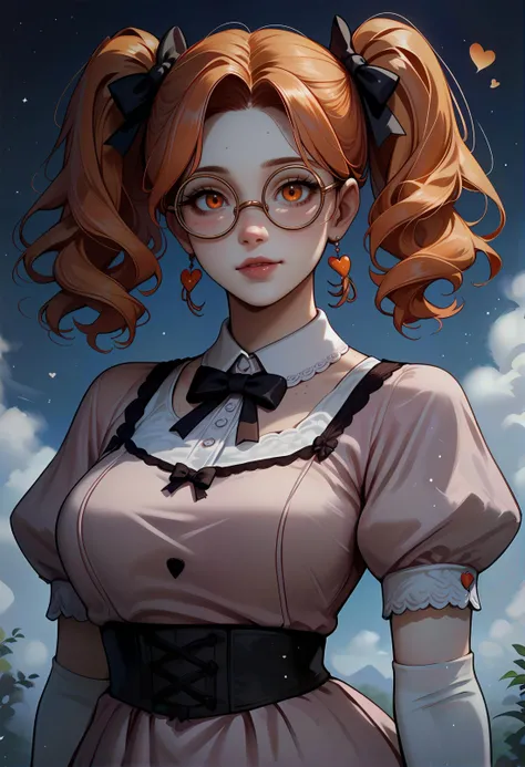 score_9, score_8_up, score_7_up, score_6_up, score_5_up, score_4_up, highly detailed, source_anime, solo, Wilnayaa, orange hair, orange eyes, mature, twintails, round glasses, 1girl, freckles, big breasts, solo, medium hair, high twintails 1girl, solo, gloves, dress, elbow gloves, heart, lips, pink dress, standing, bow, looking at viewer, socks, short sleeves, puffy short sleeves, brown eyes, <lora:Wilnaya:0.4> <lora:Smooth Anime Night Style SDXL_LoRA_Pony Diffusion V6 XL:0.8>