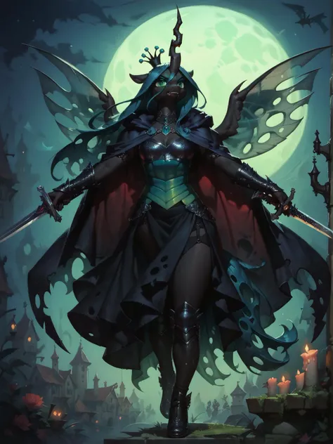 score_9, score_8_up, score_7_up, score_6_up, realistic illustration, 1girl, Queen Chrysalis \(mlp\), (anthro pony:1.1), mature, tail, wings, stern face,
gothic armor, crown, full body,
cloak, holding sword,
medieval theme, night, moon, dark theme, low light, <lora:Anime Summer Night Style SDXL_LoRA_Pony Diffusion V6 XL:0.3>, <lora:Concept Art Twilight Style SDXL_LoRA_Pony Diffusion V6 XL:0.8> <lora:Realistic000003_1_2.5DAnime_0.05_Merge1:0.5> <lora:[GP] somethingweird [Pony XL]:0.5> <lora:g0th1cPXL:0.4> <lora:Zankuro_Style_Pony:0.4>