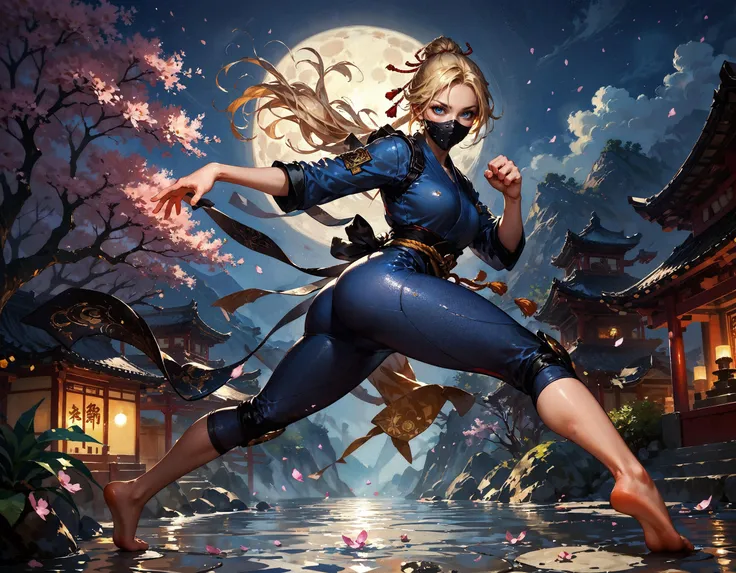 score_9, score_8_up, score_7_up, score_6_up, score_5_up, score_4_up, solo, ninja woman, blue eyes, blue ninja suit, legs, thighs, apron, black ninja mask, blonde, (view from behind:1.2), action pose, dynamic pose, golden butterflies, seductive, curvy, full body, legs, feet, very beautiful, black trim, Japanese garden, fantasy, cherry blossoms, epic, highly detailed, black and red theme, candlelight, night, dark, soft lighting, golden particles, full moon, moonlight