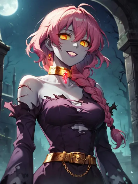 Score_9, score_8_up, score_7_up, score_6_up, score_5_up, facing away, upper body, gold ornate collar, gold clasp, dark pink hair, long hair, grey skin, yellow eyes, Glowing, no pupil, yellow sclera, purple lips, single braid, eyelashes, hair over shoulder, narrow waist,
Purple dress, collarbone, bleeding, injury, torn skin, from below, long sleeves, bare shoulders, gold belt, ornate belt, gold chains,
night, night sky, dark, gothic architecture,
soulless eyes, leering smile, eerie, nightmarish, dark surrealism, grotesque, (Eerie figure shrouded in tattered, spectral robes:1.5),
<lora:Palette Knife Painting Style LoRA_Pony XL v6:0.4>