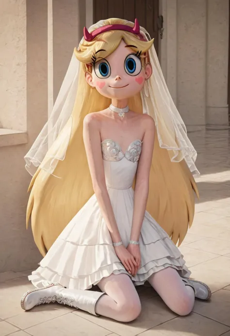 score_9, score_8_up, score_7_up, score_6_up, 1girl, wedding dress, in a chapel, bold metallic makeup, warm light, detailed photography, joy, <lora:starpony:0.8> starbutterfly, 1girl, blonde hair, hairband, long hair, solo, heart, blue eyes, facial mark, very long hair, white wedding dress, white pantyhose, white boots, blush stickers <lora:Bold_Metallic_Makeup:0.85> <lora:Photo Style SDXL_LoRA_20r_10e_22i_nr32_a16_Pony Diffusion V6 XL:1>