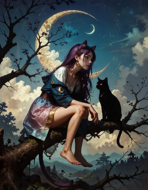 score_9, score_8_up, score_7_up, score_6_up, score_5_up, score_4_up, realistic, detailed background, masterpiece, best quality, 1girl, mixed Korean, Kpop idol, Surreal night scene, silhouette of a cat girl sitting on a tree branch, crescent moon in the sky, purple hues, starry night, dreamlike atmosphere, glowing edges, mystical, high contrast, ethereal light, detailed textures, whimsical