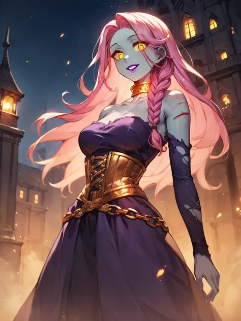 Score_9, score_8_up, score_7_up, score_6_up, score_5_up, facing away, gold ornate collar, gold clasp, dark pink hair, long hair, grey skin, yellow eyes, Glowing, no pupil, yellow sclera, purple lips, single braid, eyelashes, hair over shoulder, narrow waist,
Purple dress, collarbone, bleeding, injury, torn skin, from below, long sleeves, bare shoulders, gold belt, ornate belt, long dress,
night, night sky, dark, gothic architecture,
soulless eyes, leering smile, eerie, nightmarish, dark surrealism, grotesque, (Eerie figure shrouded in tattered, spectral robes:1.5),
<lora:Palette Knife Painting Style LoRA_Pony XL v6:0.4>