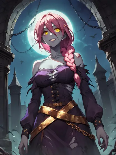 Score_9, score_8_up, score_7_up, score_6_up, score_5_up, facing away, upper body, gold ornate collar, gold clasp, dark pink hair, long hair, grey skin, yellow eyes, Glowing, no pupil, yellow sclera, purple lips, single braid, eyelashes, hair over shoulder, narrow waist,
Purple dress, collarbone, bleeding, injury, torn skin, from below, long sleeves, bare shoulders, gold belt, ornate belt, chain belt,
night, night sky, dark, gothic architecture,
soulless eyes, leering smile, eerie, nightmarish, dark surrealism, grotesque, (Eerie figure shrouded in tattered, spectral robes:1.5),
<lora:Palette Knife Painting Style LoRA_Pony XL v6:0.4>