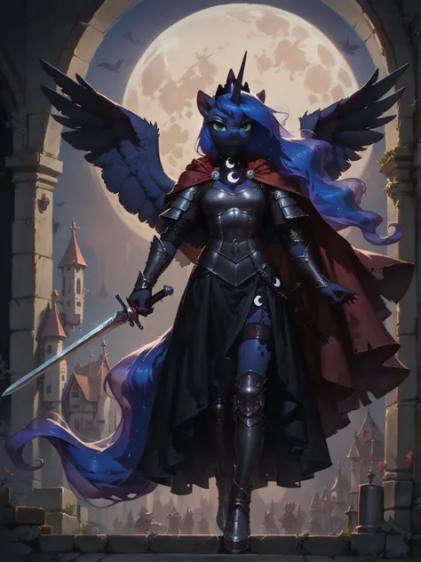 score_9, score_8_up, score_7_up, score_6_up, realistic illustration, 1girl, Princess Luna \(mlp\), (anthro pony:1.1), mature, tail, wings, stern face,
gothic armor, crown, full body,
cloak, holding sword,
medieval theme, night, moon, dark theme, low light, <lora:Anime Summer Night Style SDXL_LoRA_Pony Diffusion V6 XL:0.3>, <lora:Concept Art Twilight Style SDXL_LoRA_Pony Diffusion V6 XL:0.8> <lora:Realistic000003_1_2.5DAnime_0.05_Merge1:0.5> <lora:[GP] somethingweird [Pony XL]:0.5> <lora:g0th1cPXL:0.4> <lora:Zankuro_Style_Pony:0.4>