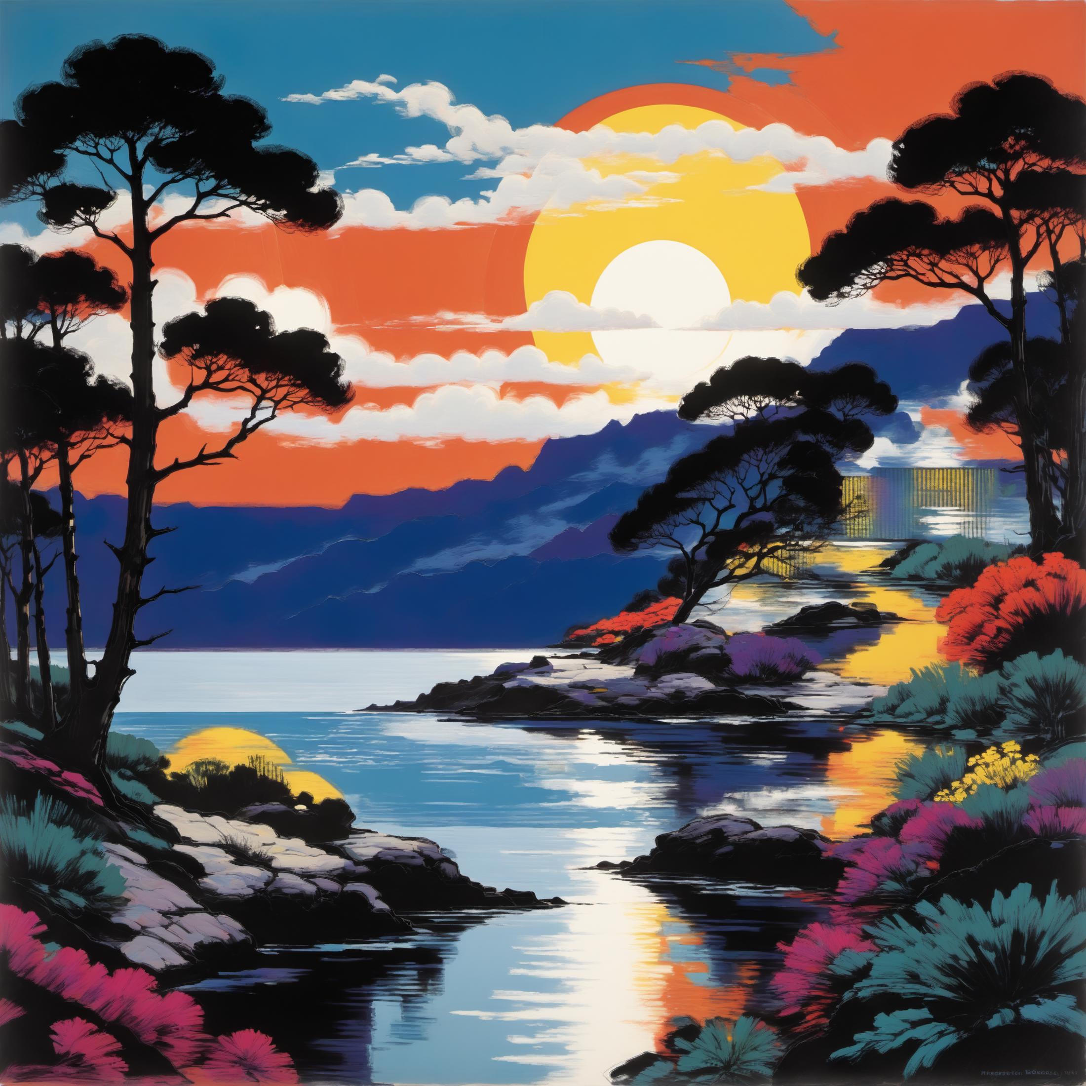A painting of a sunset over a lake with trees and bushes - SeaArt AI
