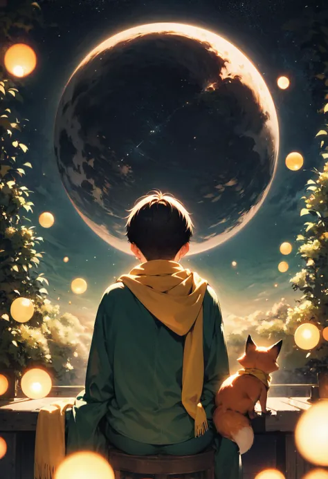 score_9, score_8_up, score_7_up, 1child, prince, back, blonde short hair, green clothes, sitting, little fox, long yellow scarf, mesmerizing sky, night, anime, <lora:sinfully_stylish_SDKL:0.3>, <lora:Anime Summer Days Style SDXL_LoRA_Pony Diffusion V6 XL:0.7>