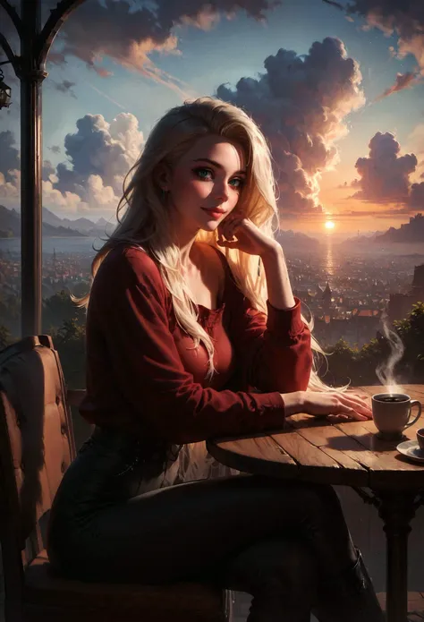 score_9, score_8_up, score_7_up, score_6_up, score_5_up, score_4_up, 1 girl, red shirt, black pants, cafe table, sunrise, blonde hair, straight hair, green eyes, solo, sitting on chair, looking at viewer, dramatic lighting, coffee on table <lora:sdxl\Concept Art Twilight Style SDXL_LoRA_Pony Diffusion V6 XL:0.8>, concept art, realistic, <lora:sdxl\Expressive_H-000001:0.8>, expressiveH <lora:sdxl\pony_OldAnimeStyle_XL_v3:0.4>, 1990s \(style\), vintage <lora:sdxl\sinfully_stylish_SDXL>