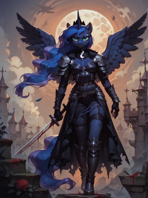 score_9, score_8_up, score_7_up, score_6_up, realistic illustration, 1girl, Princess Luna \(mlp\), (anthro pony:1.1), mature, tail, feather wings, stern face,
gothic armor, crown, full body,
ripped cape, sunset, on a cliff, battlefield, (sword in hand), flag, standard, ornaments, blood on face,
medieval theme, night, moon, dark theme, low light, <lora:Anime Summer Night Style SDXL_LoRA_Pony Diffusion V6 XL:0.3>, <lora:Concept Art Twilight Style SDXL_LoRA_Pony Diffusion V6 XL:0.8> <lora:Realistic000003_1_2.5DAnime_0.05_Merge1:0.5> <lora:[GP] somethingweird [Pony XL]:0.5> <lora:g0th1cPXL:0.4> <lora:Zankuro_Style_Pony:0.4>