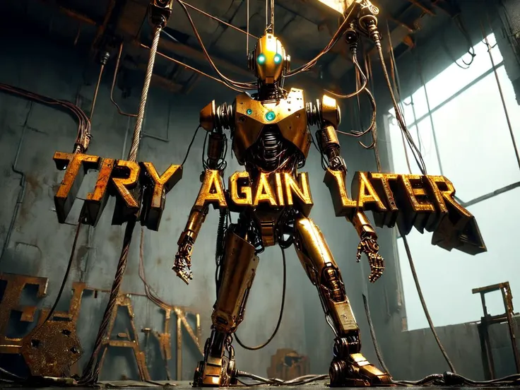 ("try again later" text logo),
Gold,
rusty robot, cables hanging out, hanging headlong from the ceiling on one leg, futuristic,
gothic, rpg, medieval, realistic, masterpiece, natural, breathtaking
<lora:Harrlogos_v1.1:1> <lora:castlesland:1> castlesland