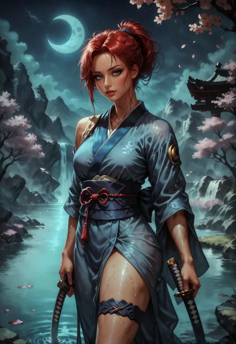 score_9, score_8_up, score_7_up, detailed, 1girl, solo, intricate details, chromatic aberration, realistic, samurai girl, red hair, shiny skin, sexy, ponytail, red eyes, outdoors, night time, dusk, torches, sprinkling water fountain, rocks, japanese landscape, flowers, tilted angle, moody lighting, tall, toned, open kimono, thigh strap, bare tree, branch, cherry blossoms, crescent moon, falling leaves, falling petals, full moon, lake, moon, moonlight, mountain, night, night sky, confident pose, victor pose, petals, petals on liquid, ripples, river, rose petals, sky, water, wet, wind, solo, holding a katana (blue and orange hue:1.2), highly detailed, glossy lips, high quality, dim lighting <lora:Kenva:0.8> knva, <lora:Concept Art Twilight Style SDXL_LoRA_Pony Diffusion V6 XL:0.8> concept art, <lora:Expressive_H-000001:0.8> expressiveh <lora:sinfully_stylish_SDXL> <lora:Pony_DetailV1.0>