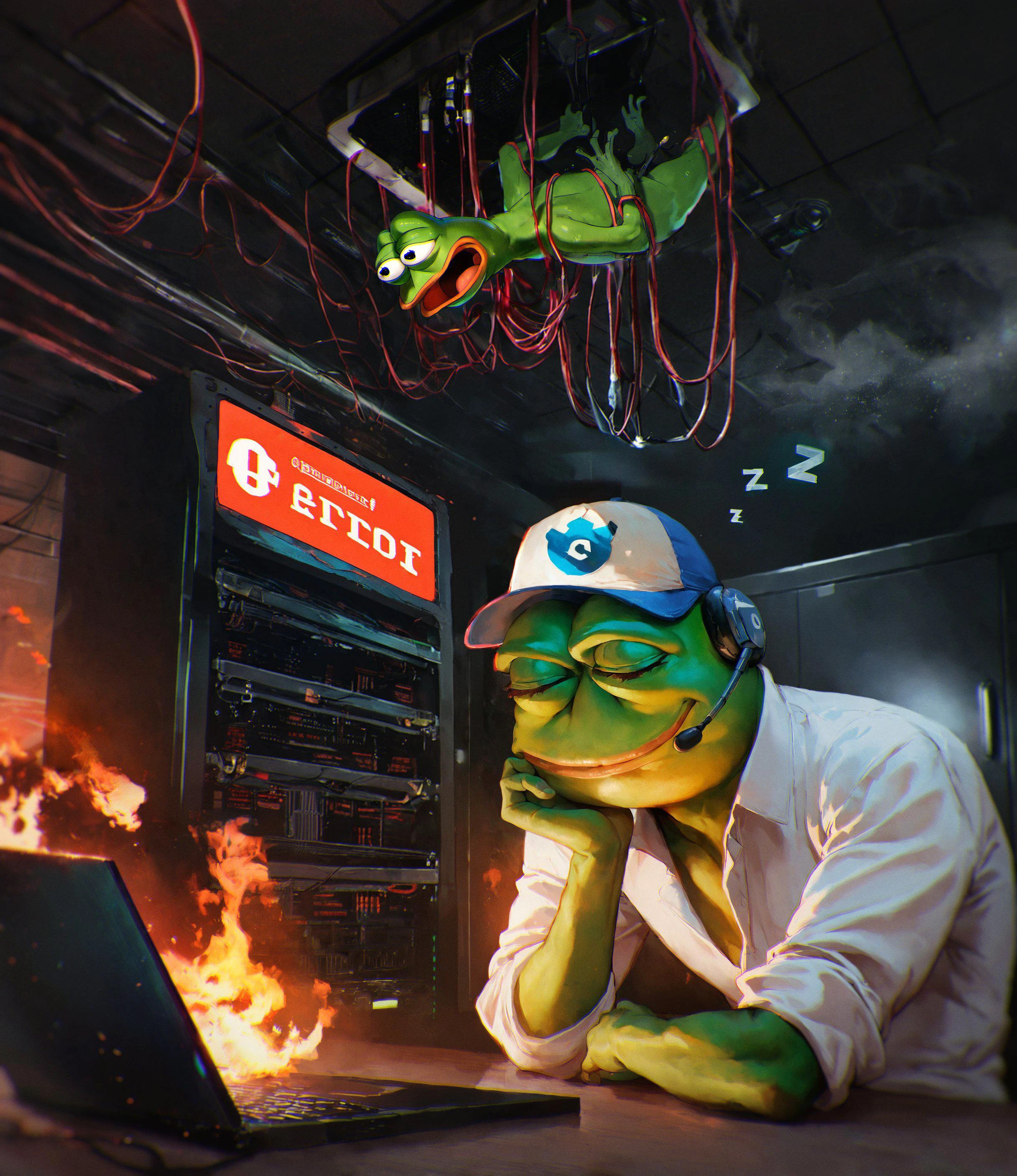 Pepe the frog sleeps during his shift. Fire in the server room is normal
<lora:Digital Art Style SDXL_LoRA_Pony Diffusion V6 XL:0.78> indoors
<lora:add-detail-xl:0.32> <lora:Concept Art Twilight Style SDXL_LoRA_Pony Diffusion V6 XL:0.68> <lora:Smooth Anime 2 Style SDXL_LoRA_Pony Diffusion V6 XL:0.58>
<lora:Concept Art Ultimatum Style LoRA_Pony XL v6:0.8> concept art, digital art, realistic,
<lora:Organic_Sauce:0.8>
<lora:43stl1ght1ngXLP2:0.8>