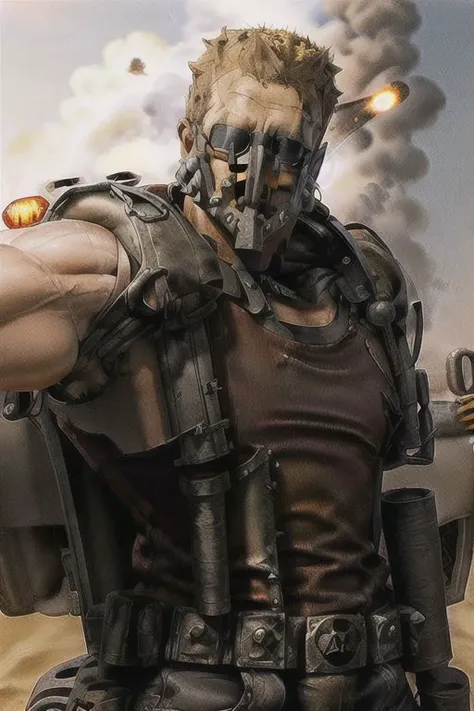 (duke nukem) wearing sunshades, red sleeveless t-shirt, tactical vest and (madmax) mask, cowboy shot, godly lighting