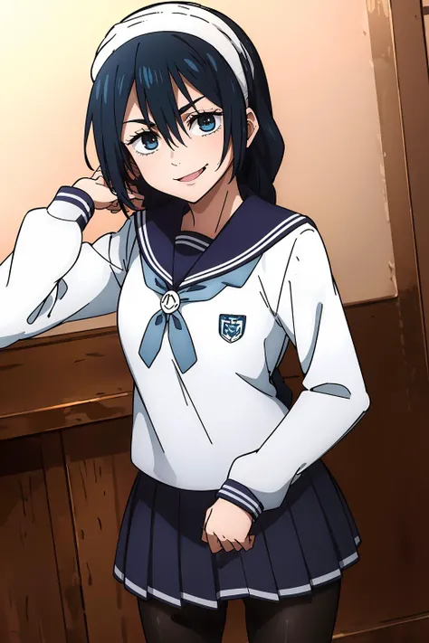 anime coloring, 1girl, solo, cowboy shot, photo_focus, (naughty face, seductive smile:1.05), riko, black hair, blue eyes, hairband, hair between eyes, long braid, school uniform, serafuku, long sleeves, pleated skirt, pantyhose
<lora:Riko:0.8>