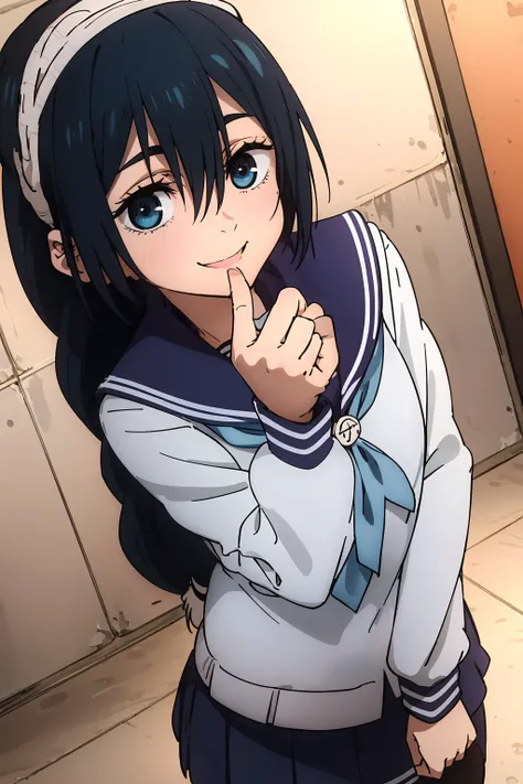 anime coloring, 1girl, solo, cowboy shot, photo_focus, (naughty face, seductive smile:1.05), riko, black hair, blue eyes, hairband, hair between eyes, long braid, school uniform, serafuku, long sleeves, pleated skirt, pantyhose
<lora:Riko:0.8>
