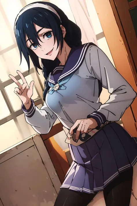 anime coloring, 1girl, solo, cowboy shot, photo_focus, (naughty face, seductive smile:1.05), riko, black hair, blue eyes, hairband, hair between eyes, long braid, school uniform, serafuku, long sleeves, pleated skirt, pantyhose
<lora:Riko:0.8>