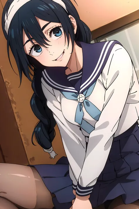 anime coloring, 1girl, solo, cowboy shot, photo_focus, (naughty face, seductive smile:1.05), riko, black hair, blue eyes, hairband, hair between eyes, long braid, school uniform, serafuku, long sleeves, pleated skirt, pantyhose
<lora:Riko:0.8>