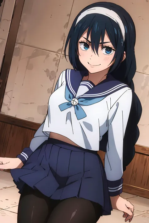 anime coloring, 1girl, solo, cowboy shot, photo_focus, (naughty face, seductive smile:1.05), riko, black hair, blue eyes, hairband, hair between eyes, long braid, school uniform, serafuku, long sleeves, pleated skirt, pantyhose
<lora:Riko:0.8>