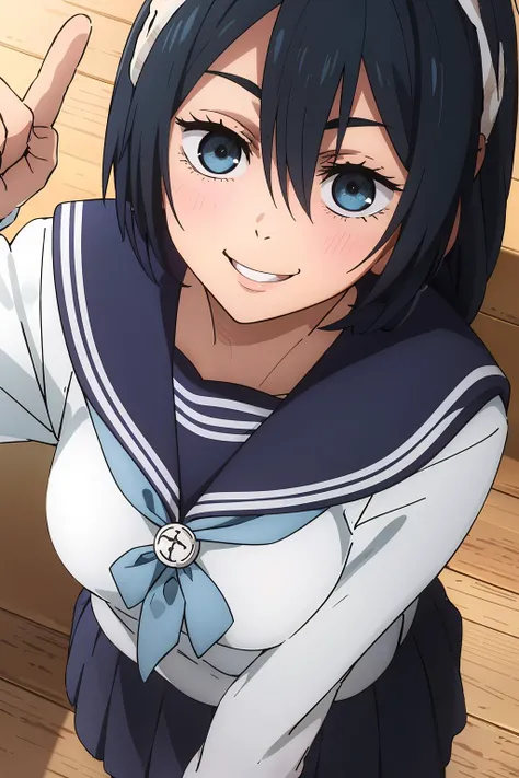 anime coloring, 1girl, solo, cowboy shot, photo_focus, (naughty face, seductive smile:1.05), riko, black hair, blue eyes, hairband, hair between eyes, long braid, school uniform, serafuku, long sleeves, pleated skirt, pantyhose
<lora:Riko:0.8>