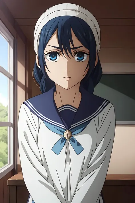1girl, solo, school, masterpiece, professional artwork, famous artwork, perfect face,(glowing eyes:1), beautiful face, <lora:Riko:0.7>,Riko, school uniform, serafuku, blue eyes, headband, blue hair, braided hair, cowboy shot, upper body, closed mouth
