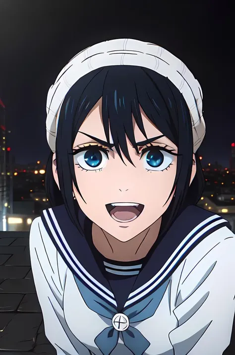 1girl, solo,sitting, cyberpunk cityscape,night city \(city\), stealth in the city, masterpiece, school uniform, professional artwork, famous artwork, perfect face,(glowing eyes:1), beautiful face, intense look, <lora:Riko:0.7>,Riko, 1girl, solo, school uniform, open mouth, blue eyes, serafuku, black hair, hairband, smile,