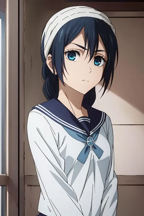 1girl, solo, school, masterpiece, professional artwork, famous artwork, perfect face,(glowing eyes:1), beautiful face,  <lora:Riko:0.7>,Riko, school uniform, serafuku, blue eyes, headband, blue hair, braided hair, cowboy shot, upper body, closed mouth