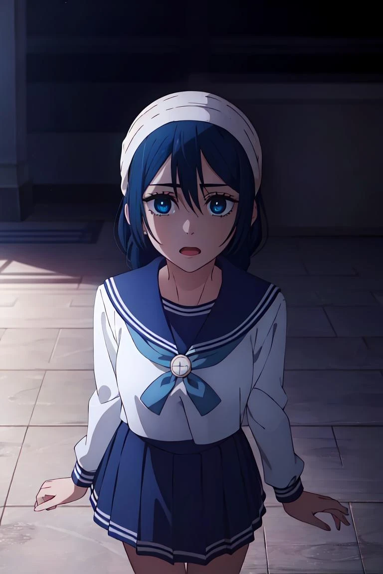 1girl, solo, school, masterpiece, professional artwork, famous artwork, perfect face,(glowing eyes:1), beautiful face, <lora:Riko:0.7>,Riko, school uniform, serafuku, blue eyes, looking up, headband, blue hair, braided hair,open mouth, cowboy shot, full body,