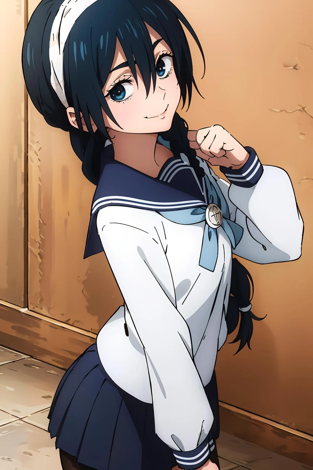 anime coloring, 1girl, solo, cowboy shot, photo_focus, (naughty face, seductive smile:1.05), riko, black hair, blue eyes, hairband, hair between eyes, long braid, school uniform, serafuku, long sleeves, pleated skirt, pantyhose
 <lora:Riko:0.8>