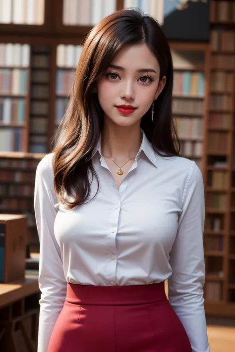 (masterpiece:1.5), (((top quality, best quality,  high quality))),  ((intricately detailed,  ultra-detailed,  insanely detailed)), highres,  32K,  extremely detailed unity CG 8K wallpaper,  (beautiful and aesthetic:1.2),  (((award-winning))), professional illustration, official art, large size image, fine intricate details,
perfectly proportioned, flawless orientation, sharp focus, extreme sharpness, perfect clarity, (close-up),  cinematic angle,  ((soft ambient lighting,  vibrant colors)), dynamic pose,  looking straight,  (relaxed posture:1.4),
(upper body:1.4),
(1girl:1.5), (mature female:1.5),
beautiful gorgeous face, [:(detailed face:1.2):0.2], bright big eyes, pureerosface_v1, (red lips:1.5), (happy:1.5, loving smile:1.37), (closed lips:1.5),
perfect feminine body, bright glistening skin, realistic skin, skin pores, narrow waist,
(business jacket:1.5), (pencil skirt:1.4), (long sleeves:1.4), (detached collar:1.4, necktie), earrings, hairclip,
(standing in the library:1.5), <lora:GoodHands-vanilla:1>