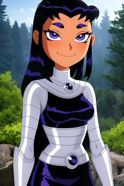 blackfire, 1girl, solo, black eyes, purple eyes, black hair, very long hair, sidelocks, dark skin, dark-skinned female,
black bodysuit, silver armor, long sleeves, silver belt, black skirt, black leggings,
smile,closed mouth,cowboy shot,upper body,
forest,outdoor,
(insanely detailed, beautiful detailed face, masterpiece, best quality) cinematic lighting,<lora:Blackfire_v2:1>, <lora:more_details:0.3>,