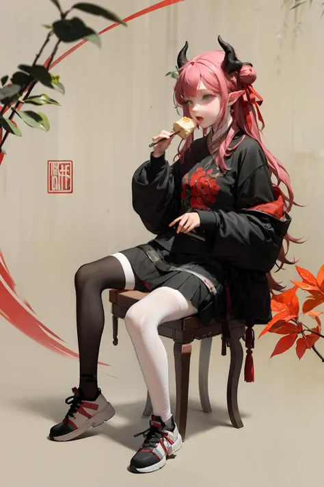 masterpiece, best quality, <lora:hanfu:1>,hanfukozue, 1girl, solo, shoes, sitting, pointy ears, black hair, white footwear, long hair, hair bun, long sleeves, sneakers, green shirt, shirt, food, skirt, bamboo, black skirt, looking at viewer, wide sleeves, full body, bangs, leaf, holding, eating, chinese clothes, hand up, single hair bun, ribbon, blush, sleeves past wrists, hair ribbon, sidelocks, red ribbon, colored skin, closed mouth, white pantyhose, pantyhose, horns, black eyes