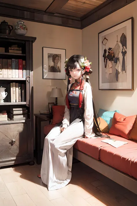 masterpiece, best quality, <lora:hanfu:1>,hanfukozue, 1girl, solo, long hair, sitting, flower, vase, looking at viewer, brown hair, very long hair, smile, blue eyes, wide sleeves, long sleeves, hair bun, dress, bug, purple eyes, hair ornament, chinese clothes, butterfly, white dress, closed mouth, double bun, bangs, indoors, chair, black hair, table, twintails, braid