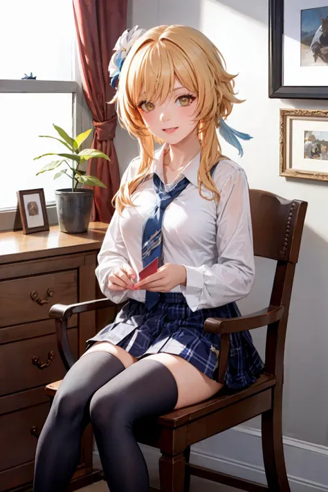 masterpiece, best quality, <lora:lumine:1>,1girl, lumine (genshin impact), blonde hair, skirt, solo, school uniform, hair flower, thighhighs, flower, hair ornament, serafuku, looking at viewer, blue skirt, yellow eyes, smile, pleated skirt, garter straps, breasts, holding, sailor collar, alternate costume, shirt, desk, neckerchief, long sleeves, white shirt, red neckerchief, black thighhighs, open clothes, blue sailor collar, bangs, off shoulder, zettai ryouiki, jacket, chair, short hair with long locks, standing, contemporary, sidelocks, closed mouth, medium breasts, brown jacket, hair between eyes, brown thighhighs, blush, white flower, school desk, cardigan, large breasts, envelope, miniskirt, collarbone