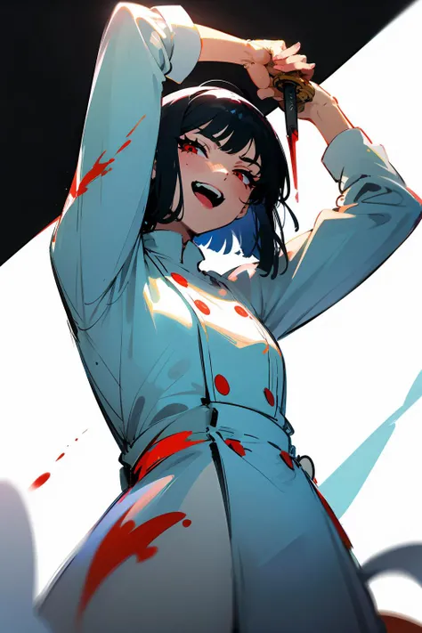 <lora:ryoshu-lc-richy-v1:1> ryoshu, flat chest, petite, looking at viewer, laugh, open mouth, teeth, chef outfit, white shirt, white pants, <lora:noline:0.5>, <lora:UnlimitedBladeWorks1.6:1> holding kitchen knife, arms up, chicken, <lora:SketchStyle:0.1> white background, black background, woman, sketch by NTY, (blood:0.8), (blood on face:0.8), (from below:1.5), upper body, best quality, masterpiece, ultra high res, high detail,