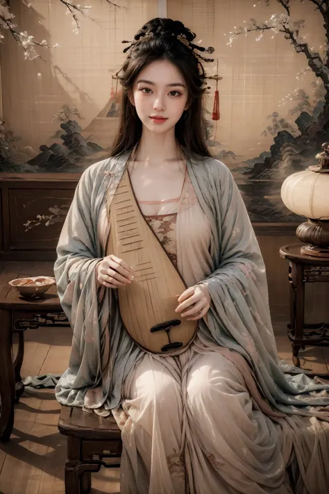 1girl,blush,eyelash,(half updo:0.1),messy hair,make up,powder blusher,beautifully detailed big round dark brown eyes,double eyelid,supermodel,detailed shiny pale skin,smile,looking at viewer,
large breasts,
hanfu,chinese clothes,long sleeves,black hair,hair ornament,chinese painting mural,sitting,low wooden table,ancient china,pipa,playing pipa,pipa \(instrument\),
lute,<lora:~Q?-t5t6_V2:0.8>,
masterpiece,best quality,high quality,highres,natural light,ray tracing,volumetric light,realistic,photorealistic,ultra highres,<lora:add_detail:0.5>,<lora:epi_noiseoffset2:0.1>,