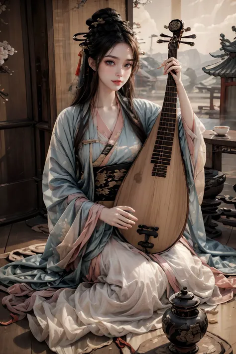 1girl,blush,eyelash,(half updo:0.1),messy hair,make up,powder blusher,beautifully detailed big round dark brown eyes,double eyelid,supermodel,detailed shiny pale skin,smile,looking at viewer,
large breasts,
hanfu,chinese clothes,long sleeves,black hair,hair ornament,chinese painting mural,sitting,low wooden table,ancient china,pipa,playing pipa,pipa \(instrument\),
lute,<lora:~Q?-t5t6_V2:0.8>,
masterpiece,best quality,high quality,highres,natural light,ray tracing,volumetric light,realistic,photorealistic,ultra highres,<lora:add_detail:0.5>,<lora:epi_noiseoffset2:0.1>,