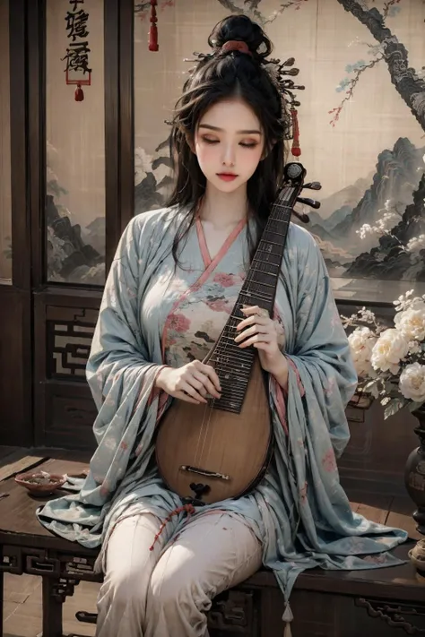 , f/5.6, Shutter Speed 1/250 sec, ISO100, White Balance Auto, Exposure Compensation "+1.5 EV", Manual Shooting Mode, Framing, focus Mode Continuous, Evaluative Metering, Carefully Designed, (natural light, ray tracing, cinematic lighting, bloom, volumetric light), 1girl, solo, chinese, (closed eyes, Light blue eyes, blush, lips, parted lips, high detail skin, real skin, skin texture:1.3), (Orchid hair, long hair, hair ornament, flowy hair, floating hair:1.1), light passing through hair, (pureerosface_v1:1.2), (cowboy shot, sitting, ancient china, pipa, playing pipa, pipa \(instrument\), vanishing point:1.5), Well-defined, (large breasts:1.3), (chinese painting mural, low wooden table, ancient china:1.4), <lora:XRYCJ lute V2:0.8>>, (lute, chinese clothes, hanfu, long sleeves, wide sleeves:1.2),