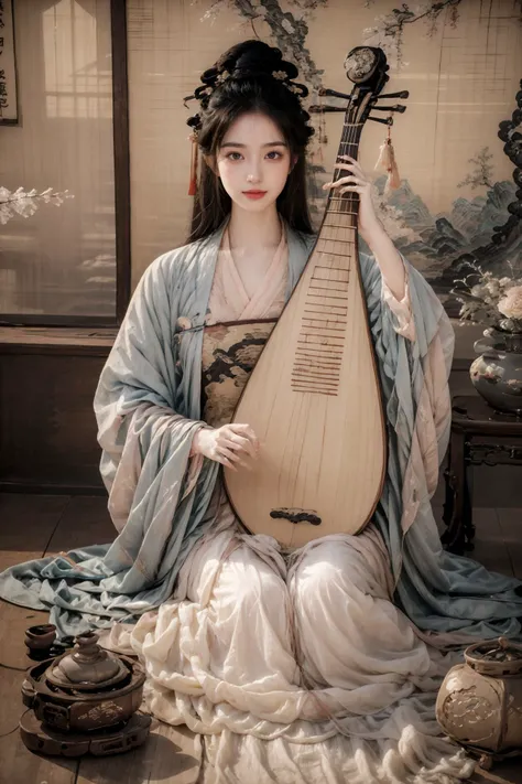 1girl,blush,eyelash,(half updo:0.1),messy hair,make up,powder blusher,beautifully detailed big round dark brown eyes,double eyelid,supermodel,detailed shiny pale skin,smile,looking at viewer,
large breasts,
hanfu,chinese clothes,long sleeves,black hair,hair ornament,chinese painting mural,sitting,low wooden table,ancient china,pipa,playing pipa,pipa \(instrument\),
lute,<lora:~Q?-t5t6_V2:0.8>,
masterpiece,best quality,high quality,highres,natural light,ray tracing,volumetric light,realistic,photorealistic,ultra highres,<lora:add_detail:0.5>,<lora:epi_noiseoffset2:0.1>,