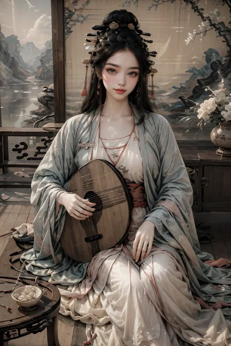 1girl,blush,eyelash,(half updo:0.1),messy hair,make up,powder blusher,beautifully detailed big round dark brown eyes,double eyelid,supermodel,detailed shiny pale skin,smile,looking at viewer,
large breasts,
hanfu,chinese clothes,long sleeves,black hair,hair ornament,chinese painting mural,sitting,low wooden table,ancient china,pipa,playing pipa,pipa \(instrument\),
lute,<lora:~Q?-t5t6_V2:0.8>,
masterpiece,best quality,high quality,highres,natural light,ray tracing,volumetric light,realistic,photorealistic,ultra highres,<lora:add_detail:0.5>,<lora:epi_noiseoffset2:0.1>,