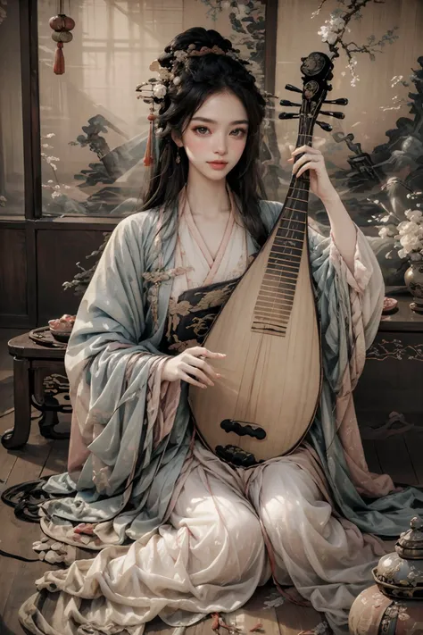 1girl,blush,eyelash,(half updo:0.1),messy hair,make up,powder blusher,beautifully detailed big round dark brown eyes,double eyelid,supermodel,detailed shiny pale skin,smile,looking at viewer,
large breasts,
hanfu,chinese clothes,long sleeves,black hair,hair ornament,chinese painting mural,sitting,low wooden table,ancient china,pipa,playing pipa,pipa \(instrument\),
lute,<lora:~Q?-t5t6_V2:0.8>,
masterpiece,best quality,high quality,highres,natural light,ray tracing,volumetric light,realistic,photorealistic,ultra highres,<lora:add_detail:0.5>,<lora:epi_noiseoffset2:0.1>,