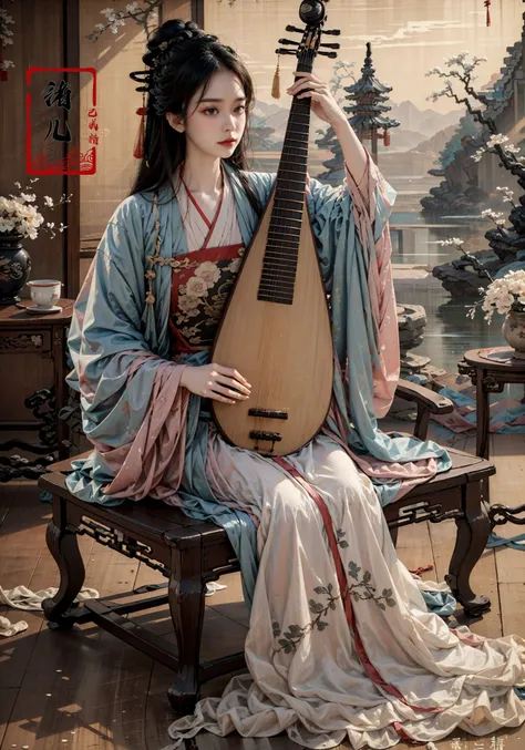 (masterpiece,best quality,realistic),
hanfu,chinese_clothes,long_sleeves,1girl,solo,black_hair,hair_ornament,chinese painting mural,sitting,low wooden table,ancient china,pipa,playing pipa,pipa \(instrument\),
lute <lora:lute_20231115030944:0.8>