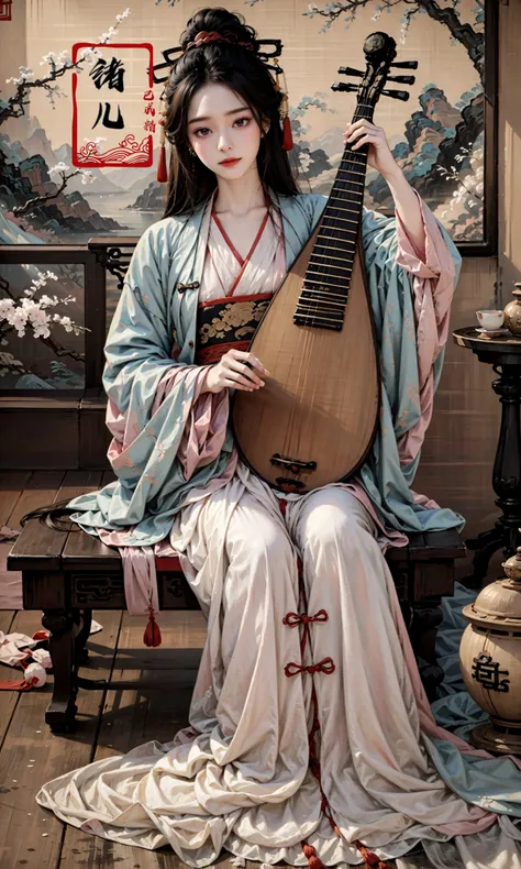 (masterpiece,best quality,realistic),
hanfu,chinese_clothes,long_sleeves,1girl,solo,black_hair,hair_ornament,chinese painting mural,sitting,low wooden table,ancient china,pipa,playing pipa,pipa \(instrument\),
lute <lora:lute_20231115030944:0.8>