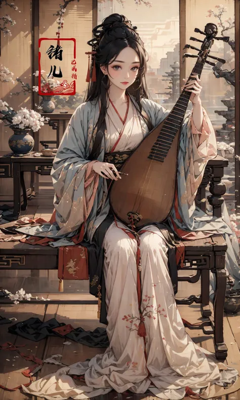 (masterpiece,best quality,realistic),smokeSmoke surround
hanfu,chinese_clothes,long_sleeves,1girl,solo,black_hair,hair_ornament,chinese painting mural,sitting,low wooden table,ancient china,pipa,playing pipa,pipa \(instrument\),
lute <lora:lute_20231115030944:0.8>