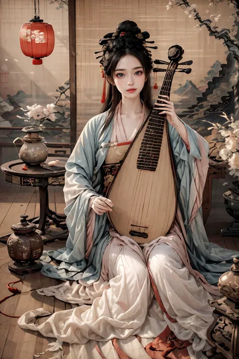 1girl,blush,eyelash,(half updo:0.1),messy hair,make up,powder blusher,beautifully detailed big round dark brown eyes,double eyelid,supermodel,detailed shiny pale skin,smile,looking at viewer,
large breasts,
hanfu,chinese clothes,long sleeves,black hair,hair ornament,chinese painting mural,sitting,low wooden table,ancient china,pipa,playing pipa,pipa \(instrument\),
lute,<lora:~Q?-t5t6_V2:0.8>,
masterpiece,best quality,high quality,highres,natural light,ray tracing,volumetric light,realistic,photorealistic,ultra highres,<lora:add_detail:0.5>,<lora:epi_noiseoffset2:0.1>,