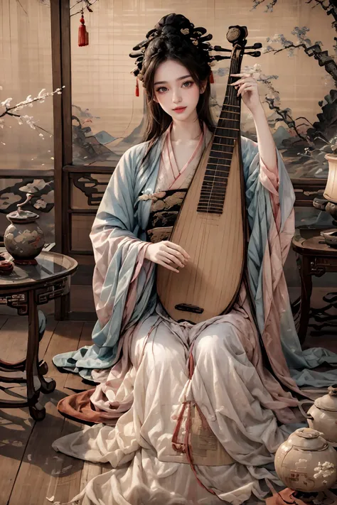 1girl,blush,eyelash,(half updo:0.1),messy hair,make up,powder blusher,beautifully detailed big round dark brown eyes,double eyelid,supermodel,detailed shiny pale skin,smile,looking at viewer,
large breasts,
hanfu,chinese clothes,long sleeves,black hair,hair ornament,chinese painting mural,sitting,low wooden table,ancient china,pipa,playing pipa,pipa \(instrument\),
lute,<lora:~Q?-t5t6_V2:0.8>,
masterpiece,best quality,high quality,highres,natural light,ray tracing,volumetric light,realistic,photorealistic,ultra highres,<lora:add_detail:0.5>,<lora:epi_noiseoffset2:0.1>,