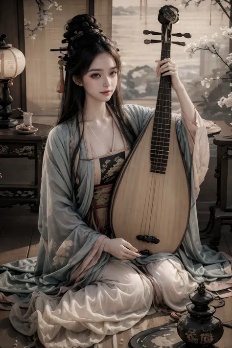 1girl,blush,eyelash,(half updo:0.1),messy hair,make up,powder blusher,beautifully detailed big round dark brown eyes,double eyelid,supermodel,detailed shiny pale skin,smile,looking at viewer,
large breasts,
hanfu,chinese clothes,long sleeves,black hair,hair ornament,chinese painting mural,sitting,low wooden table,ancient china,pipa,playing pipa,pipa \(instrument\),
lute,<lora:~Q?-t5t6_V2:0.8>,
masterpiece,best quality,high quality,highres,natural light,ray tracing,volumetric light,realistic,photorealistic,ultra highres,<lora:add_detail:0.5>,<lora:epi_noiseoffset2:0.1>,