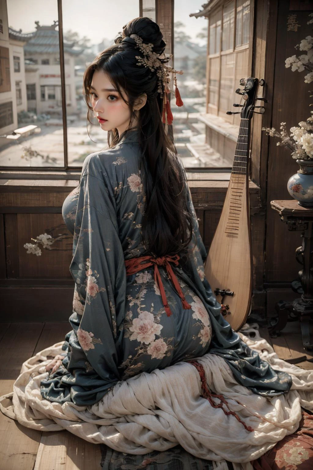 , f/11, Shutter Speed 1/8000 sec, ISO800, White Balance Daylight, Exposure Compensation "0 EV", Aperture Priority Shooting Mode, Rule of Thirds, focus Mode Manual, Center-weighted Metering, Artistic, (natural light, ray tracing, cinematic lighting, bloom, volumetric light), 1girl, solo, chinese, (looking down, Chestnut eyes, blush, lips, parted lips, high detail skin, real skin, skin texture:1.3), (Mahogany hair, long hair, hair ornament, flowy hair, floating hair:1.1), light passing through hair, (pureerosface_v1:1.2), (full body, sitting, ancient china, pipa, playing pipa, pipa \(instrument\), from behind:1.5), Hourglass body, (large breasts:1.3), (east asian architecture, indoor, sitting next to open window, blurry background:1.4), <lora:XRYCJ lute V2:0.8>>, (lute, chinese clothes, hanfu, long sleeves, wide sleeves:1.2),