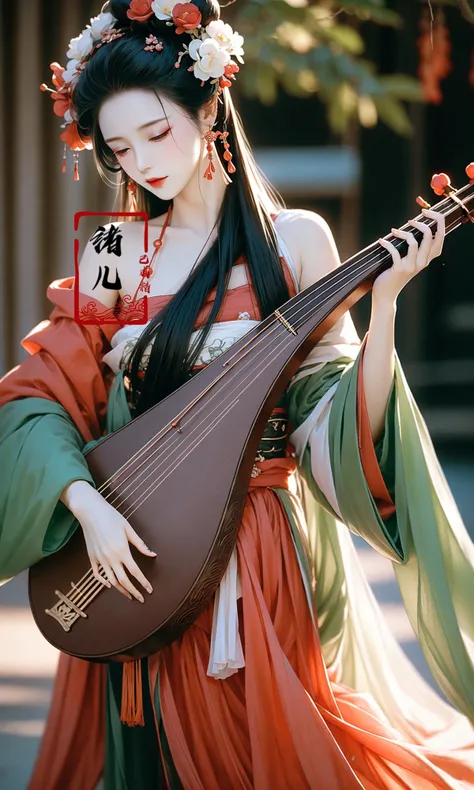 lute,1girl,I hair ornament,blurry background,hanfu,holding instrument,playing instrument, bare shoulders, <lora:~Q?-t5t6 lute:0.8>