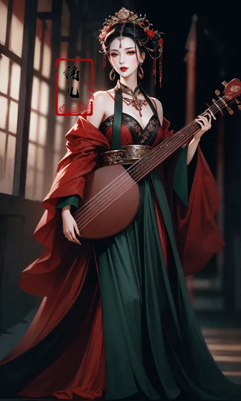 Epic CG masterpiece, hdr,dtm, full ha,8K, ultra detailed graphic tension, dynamic poses, stunning colors, 3D rendering, surrealism, cinematic lighting effects, realism, 00 renderer, super realistic, full - body photos, super vista, super wide Angle, HD
lute,1girl, ornament,blurry background,Reddish green hanfu,holding instrument,playing instrument, bare shoulders,
A mature facesideways glance, (cold attitude,eyeshadow,eyeliner:1.1),(red lips:1.5),watery eyes, Milky skin, (shiny skin:1.4)
<lora:~Q?-t5t6 lute:0.8>